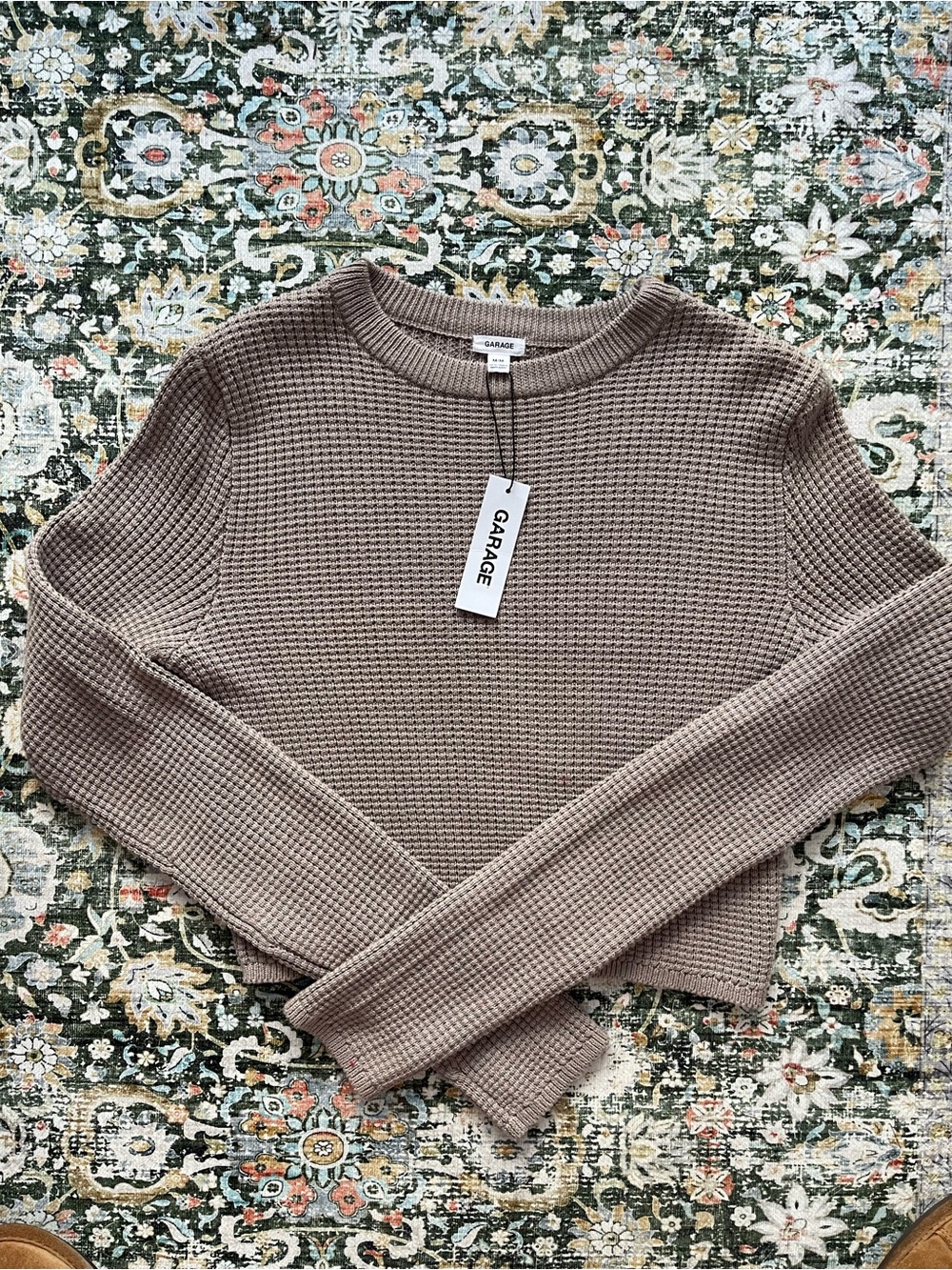 Garage Taupe Waffle-Knit Crewneck Long Sleeve Top